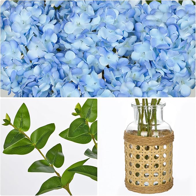 Hollyone Blue Hydrangea Artificial Flowers in Woven Glass Vase with Faux Water Silk Hydrangeas Fake Flowers Floral Arrangement for Home Indoor Bathroom Kitchen Office Table Centerpiece Shelf Decor