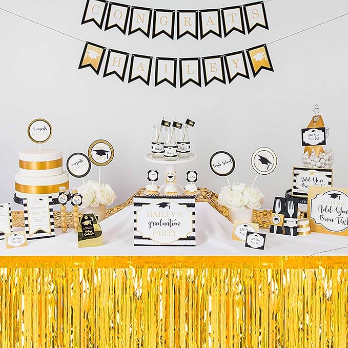 3 Pack 29 x108 Inch Gold Foil Fringe Table Skirts Metallic Banner for Tinsel Streamer Garland Backdrop for Parade Floats Mother's Day, Graduate, Birthday, Wedding Party Decoration