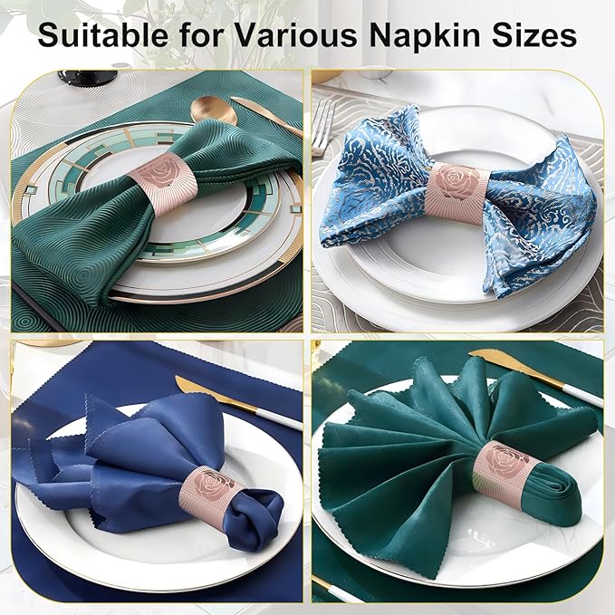 Polymer Material Reusable Napkin Band, Glue-Free Tear-Proof Water Resistant Oil-Proof Napkin Bands Set of 50(Front Rose Gold Color and Back Silver), 6 Adjustable Sizes Napkin Rings