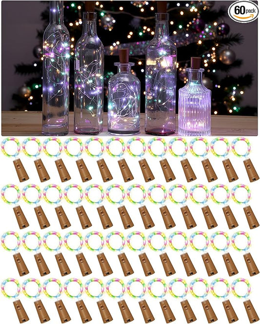 Hortsun 60 Pack Wine Bottle Lights with Cork Fairy Mini String Lights Battery Operated Mini Waterproof 7 ft Silver Wire 20 Led Cork Shape for Christmas, DIY, Party, Decor, Wedding, Bar (Multicolor)