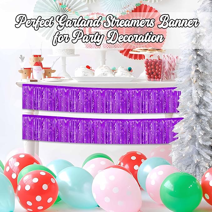 4 Pack 10 Ft Purple Foil Fringe Garland Metallic Streamers Tinsel Banner Wall Hanging Garland Backdrop for Parade Floats, Halloween, Christmas, Thanksgiving, New Year Party Decorations