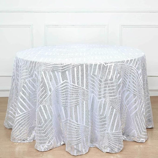 Efavormart 120" Silver Sparkly Sequin Geometric Tulle Round Tablecloth