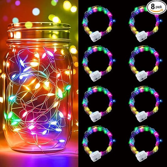 pozzolanas 8 Pack Multicolor Battery Operated String Lights - 7ft Waterproof Fairy Lights with 20 LEDs for Home, Mason Jar, Party, Wedding, Halloween, Christmas Decorations