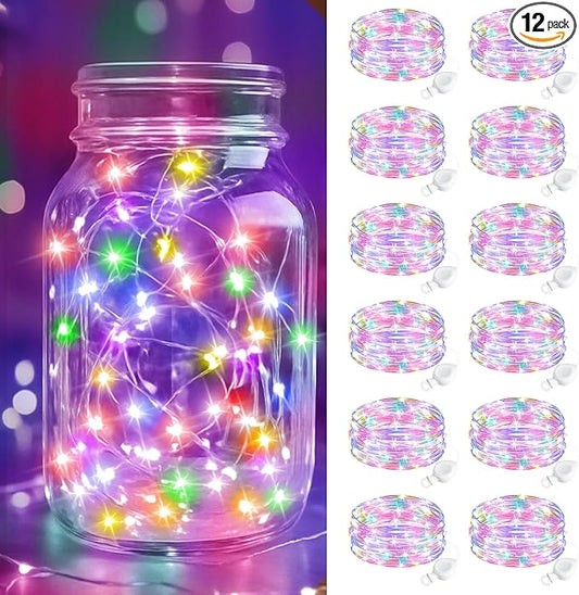 btfarm 12 Pack Fairy Lights Battery Operated, 7FT 20 LED Mini String Lights Waterproof Silver Wire for Mason Jars Centerpiece Table Crafts Bedroom Christmas Decoration,Colourful