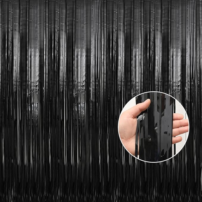 Crosize 4 Pack 3.3 x 9.9 ft Black Foil Fringe Backdrop Curtain, Streamer Backdrop Curtains, Streamers Birthday Party Decorations, Tinsel Curtain for Parties, Photo Booth Backdrops, Party Décor