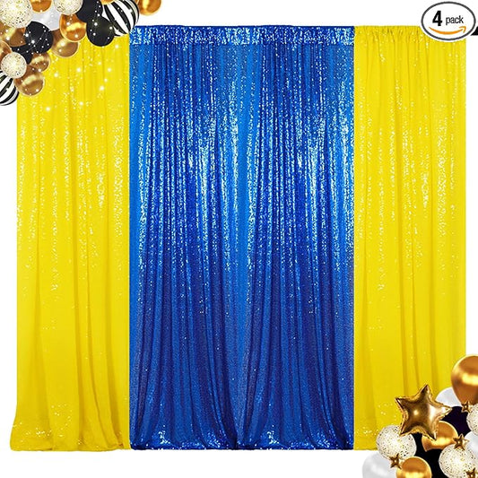 ShinyBeauty Sequin Backdrop Yellow and Royal Blue Backdrop Set of 4, 2FTx8FT Photo Backdrops Shimmer Wall Photograph Backgrounds Glitter Curtains 4 Pieces