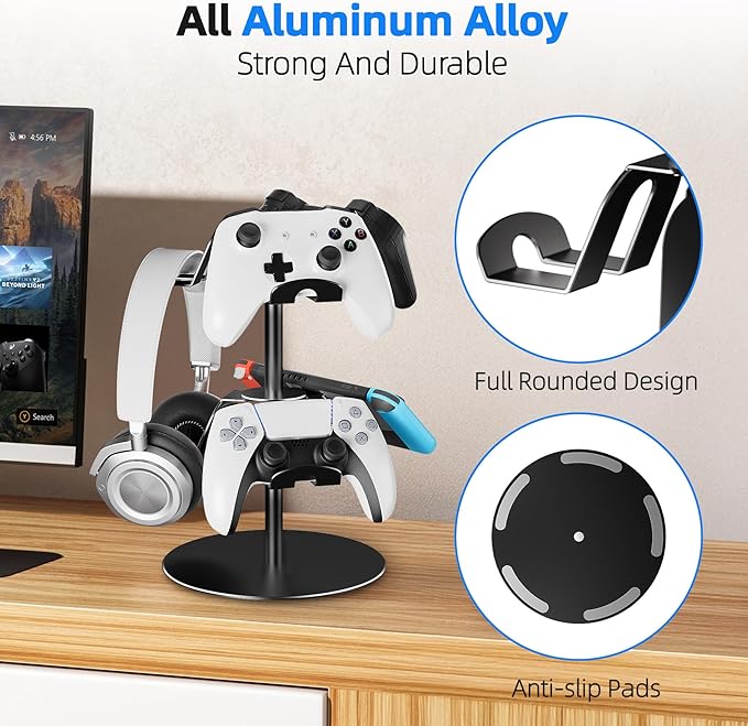 Controller Holder 2 Aluminum Alloy Tier,Headphone Stand - Gaming Controller Stand for Xbox PS5 PS4 Switch,Gaming Controller Headset Holder for Universal Gaming Accessories(Black)