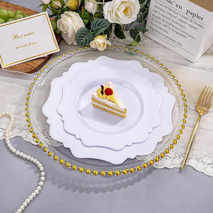 COLOSUS 100pcs 7.5 Inch White Plastic Dessert Plates,Heavy Duty Disposable Appetizer Plates,Premium Plastic Salad Plate,Fancy Disposable Cake Plate for Party, Wedding and Everyday Use