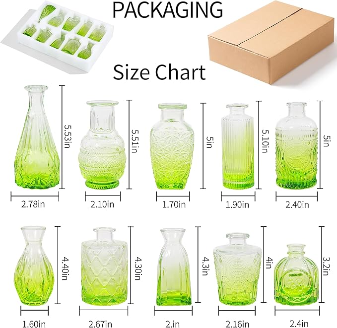 Vintage Small Glass Vases Set of 10,Mini Bud Vases for Flowers,Amber Glass Vases for Centerpieces,Wedding Decorations,Home Table Flower Decor (Olive Green)