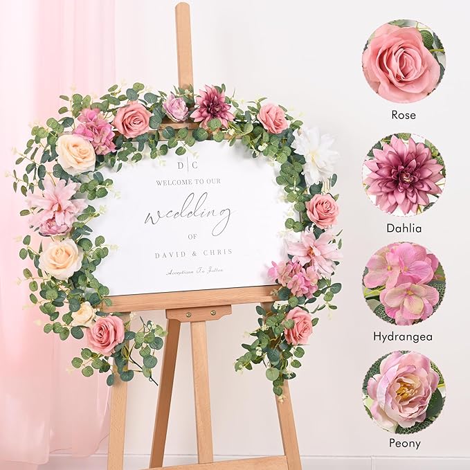 Waipfaru 2Pcs Artificial Flower Garland Decorations, 12.14Ft Eucalyptus Greenery Vines with Pink Roses for Wedding Table Runner Centerpieces Backdrop Room Decor (Pink)