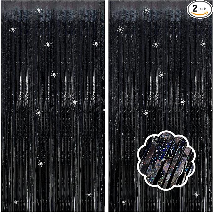 2 Pack Black Foil Fringe Curtain Backdrop Black Streamers Tinsel Backdrop Halloween Party Decor Birthday Wednesday Graduation Wizard Party Decorations for Men