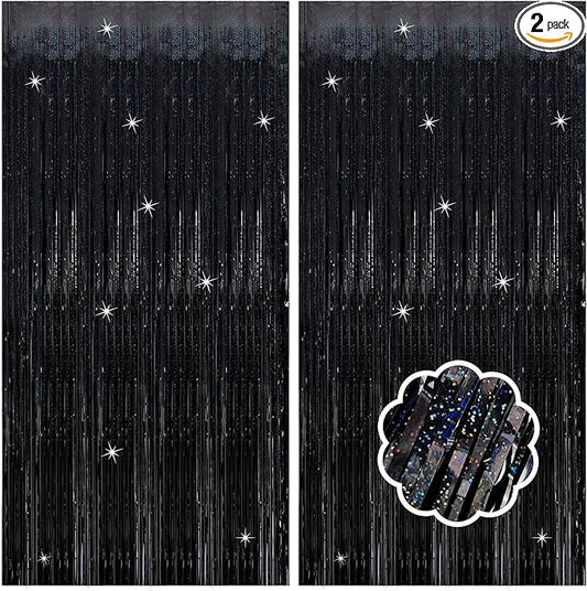 2 Pack Black Foil Fringe Curtain Backdrop Black Streamers Tinsel Backdrop Halloween Party Decor Birthday Wednesday Graduation Wizard Party Decorations for Men