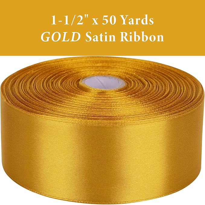 1-1/2" x 50 Yards Gold Satin Ribbon Single Faced Fabric Ribbons for Gift Wrapping, Crafting, Floral Arrangements, Flower Bouquet, Wedding, Home Decor