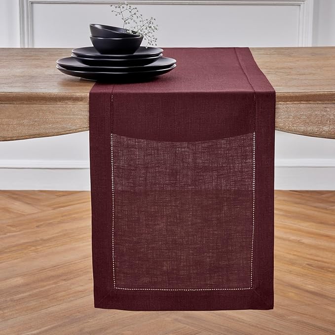 Solino Home Linen Burgundy Table Runner 72 Inches Long - 100% Pure Linen Hemstitch Table Runner 14 x 72 Inch for Dresser, Dining, Fall, Autumn, Halloween, Thanksgiving, Christmas - Classic Hemstitch