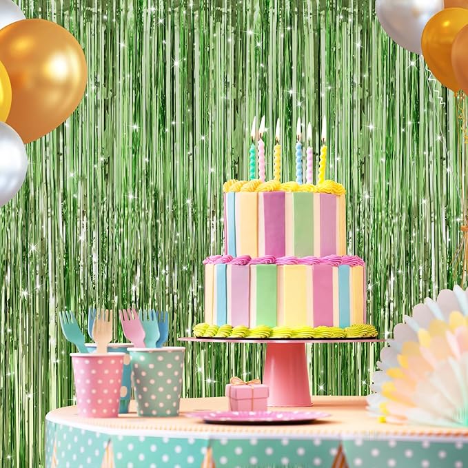 2 Pack Light Green Metallic Tinsel Foil Fringe Curtains, Door Streamers Photo Booth Backdrop for Birthday Party, Tinsel Curtain Backdrop for Baby Shower Bachelorette Christmas Party Decorations