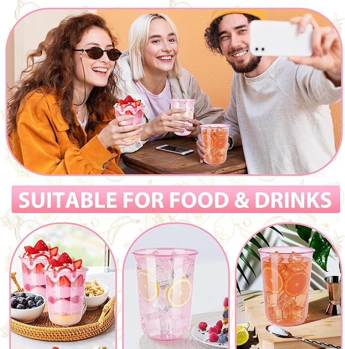60 Pcs Disposable Stemless Clear Glasses 16 oz NATURAL Arc Crystal Plastic wine glasses Clear Classic Pet Cup for Meeting Weddings Birthdays Cocktail Christmas Party Supplies
