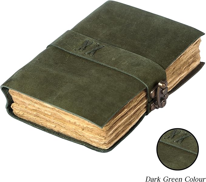 Vintage Leather Journal Handmade Buffalo Non-Refillable Deckle Edge Paper – Leather Bound Journal for Women, Men, C-Lock Closure Ideal for Writing & Travel for Artists (Dark Green)