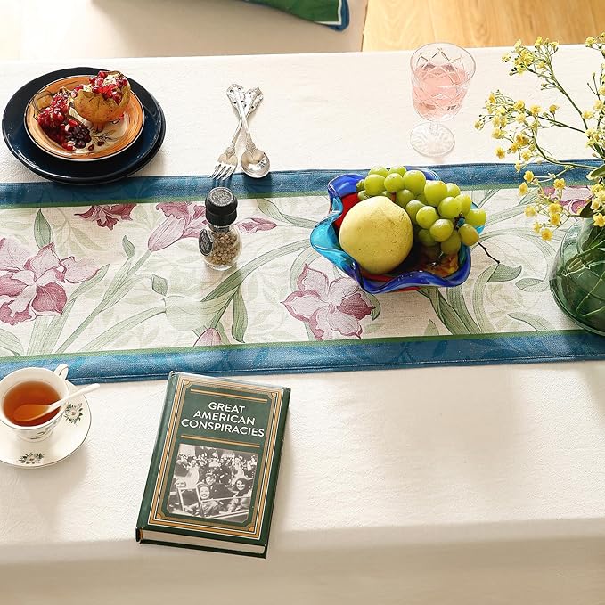 patdrea Designer Elegant Bright Linen Extra Long Table Runner 118 Inch Long, Mauve Iris Floral Pattern Table Mat, Decoration for Kitchen Dining Coffee Table Cabinet Banquet Christmas ,12"*118"