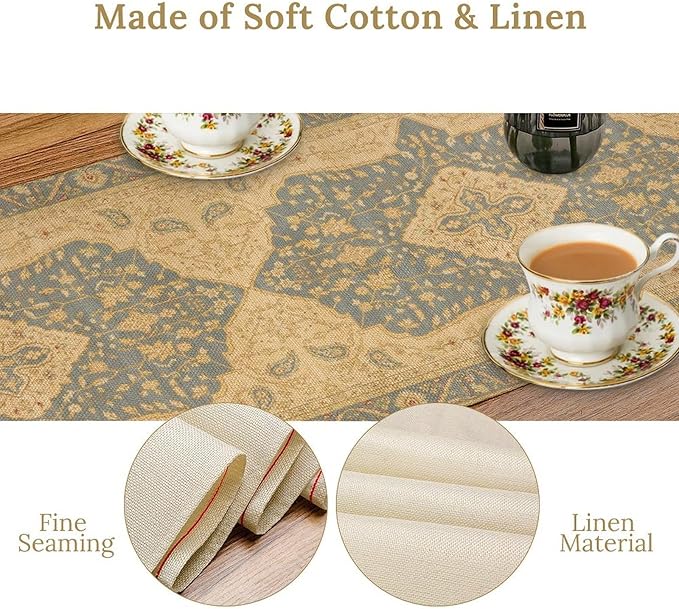 Boho Table Runner,Vintage Geometric Traditional Textured Rustic Farmhouse Bohemia for Home Farmhouse Kitchen Table Dining Coffee Room Garden Party Wedding Decor 13x36in