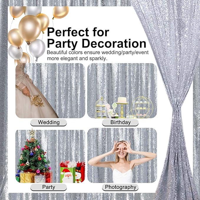 Silver Sequin Backdrop 2FTx8FT 4 Panels Silver Backdrop Curtains for Parties Glitter Backdrop Photo Background for Wedding Baby Shower