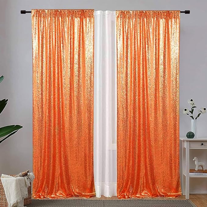 Eternal Beauty 2 PCS Sequin Backdrop Curtain, Halloween Sequin Wedding Backdrop for Christmas Party, Birthday (Orange 2FTx8FT)