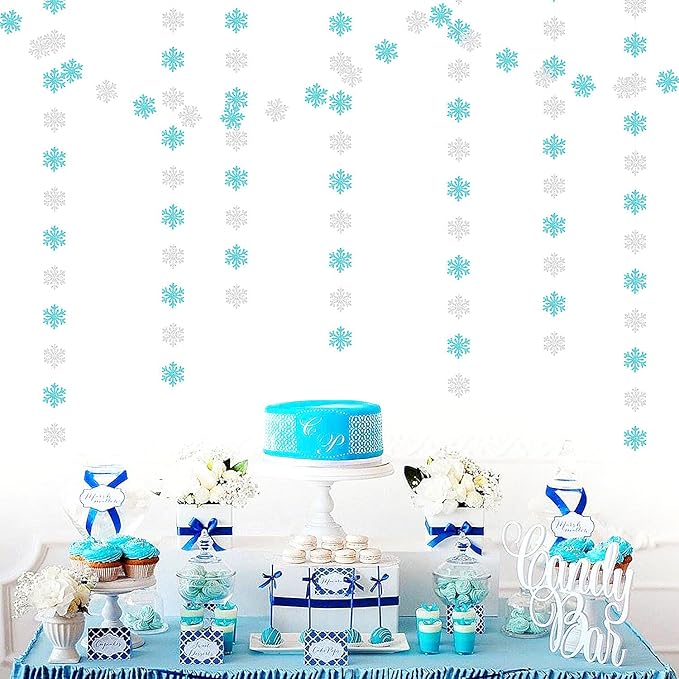 Snowflake-Snow Teal-Silver Christmas Party-Decoration Garland - 52ft Turquoise Winter Wonderland Frozen Ornaments Hanging Paper Streamers,New Years Birthday Baby Shower Wedding Ceiling Decor Hugfond