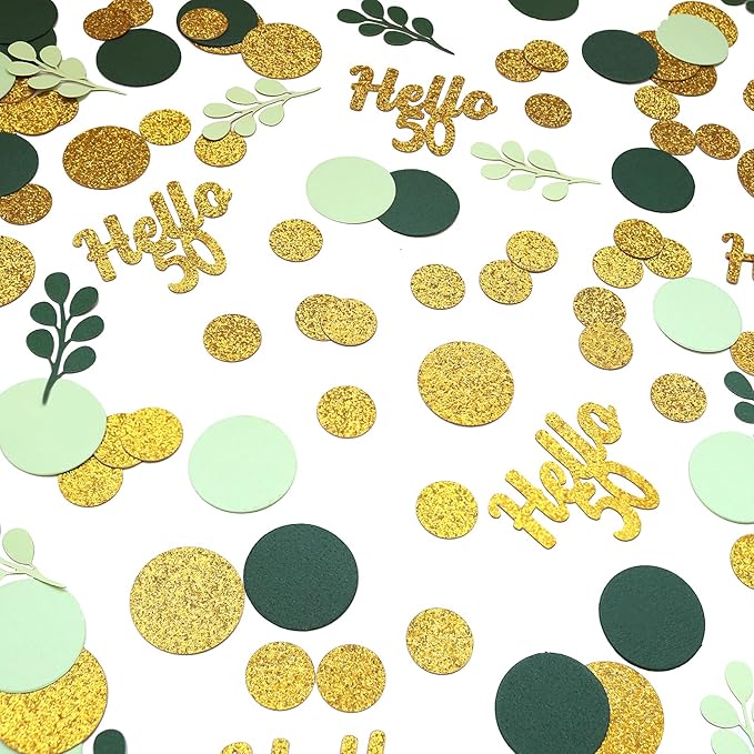 300PC Gold Glitter and Sage Green Happy 50th Birthday Decorations for Men/Women Greenery 50th Birthday Confetti for Table Fifty Party Decor Supplies