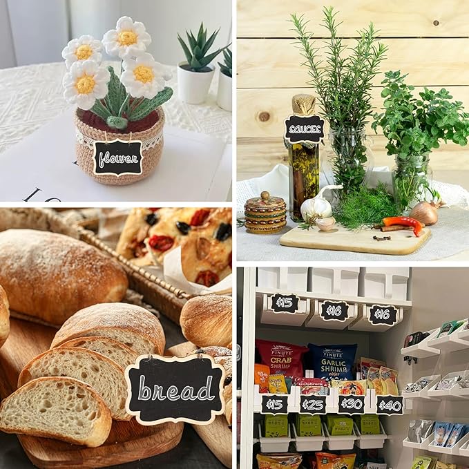 24 Pack Mini Wooden Chalkboard Signs - Reusable Hanging Food Labels for Party Buffet, Place Cards, Name Tags and Table Numbers