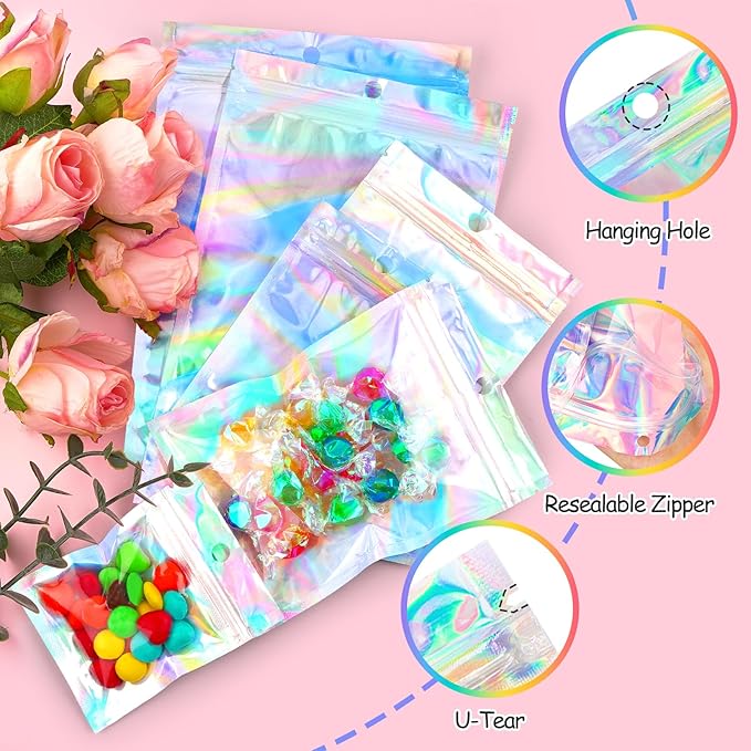 Funfery 100 Pack Smell Proof Holographic Bags Clear Window Resealable Bags,Mylar Foil Bag with Zipper,Sealing Pouch Packaging Bag for Food Storage,Candy,Party Favor Sample Business Supplies(4x6in)