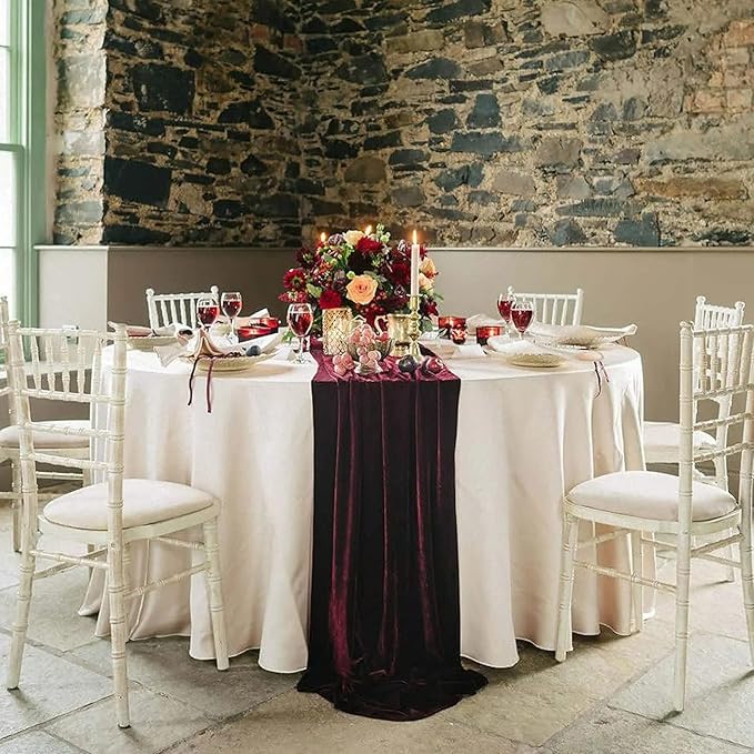 Luxurious Velvet Table Runner, 10ft Wedding Reception Decorations, 20x120inch Soft Velvet Fabric, Table Linen Overlay, Wedding Table Runners (Burgundy, 20X120inch, 5pack)