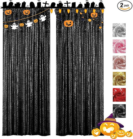 VOK Black Sequin Backdrop Curtains 2 Panels 2FTx8FT Glitter Photography Background for Wedding Birthday Christmas Party Decorations