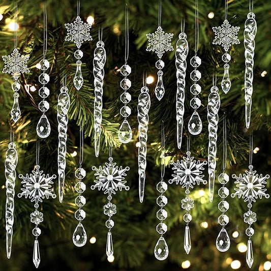 40pcs Christmas Ornaments Set for Tree Decorations- Hanging Acrylic Crystal Snowflake Christmas Decorations Icicle Drop Ornaments for Winter Christmas Tree New Year Party Supplies