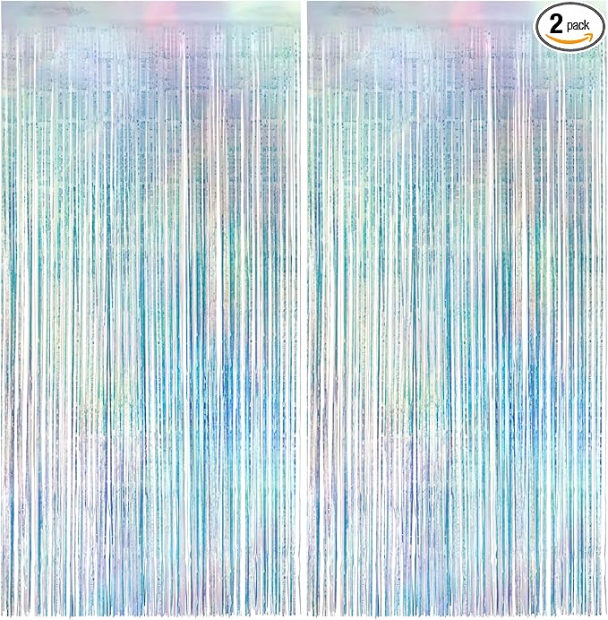 2 Pack Iridescence Party Streamers Backdrop Curtains, 3.3x8.2ft Holographic Tinsel Foil Curtain Photo Booth Props for Birthday, Wedding, Holiday Celebration, Bachelorette, Theme Decorations