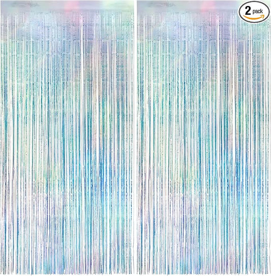 2 Pack Iridescence Party Streamers Backdrop Curtains, 3.3x8.2ft Holographic Tinsel Foil Curtain Photo Booth Props for Birthday, Wedding, Holiday Celebration, Bachelorette, Theme Decorations