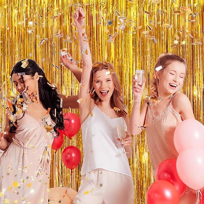 Gold Metallic Tinsel Foil Fringe Curtains, 4 Pack 3.3x8.3 Feet Party Streamer Curtains for Birthday Party Decorations, Halloween Decor, Foil Curtain Backdrop for Bachelorette Party