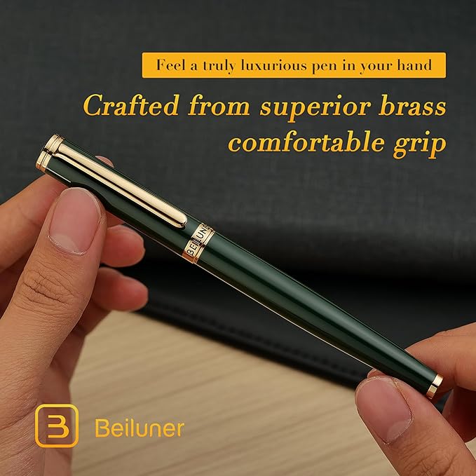 BEILUNER Racing Green Fountain Pen,Stunning Luxury Pens with 24K Gold Finish, Gorgeous 24K Gilded Nib(Medium), Fancy Pen Gift for Men&Women -Ink Converter-Christmas, Office,Fancy,Nice Pen for Writing