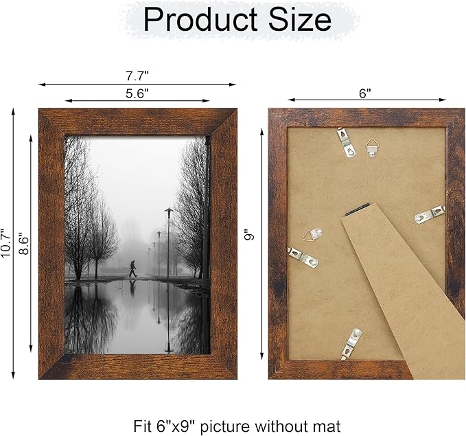 6x9 Picture Frame Set of 4, High Definition Real Glass Rustic Frame, 6 x 9 Wood Photo Frames for Tabletop Display and Wall Mounting