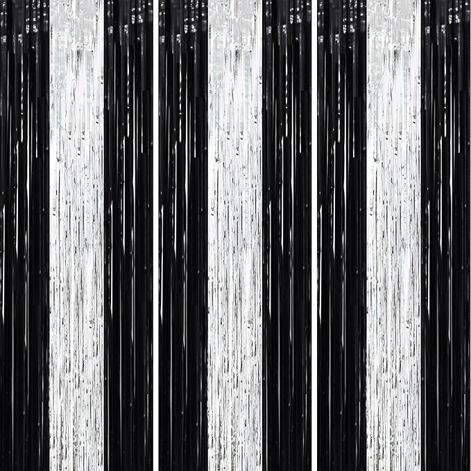 3 Pack 3.3 x 8.2 ft Black and Silver Foil Fringe Backdrop Curtains, Tinsel Streamers Party Decorations, Fringe Backdrop