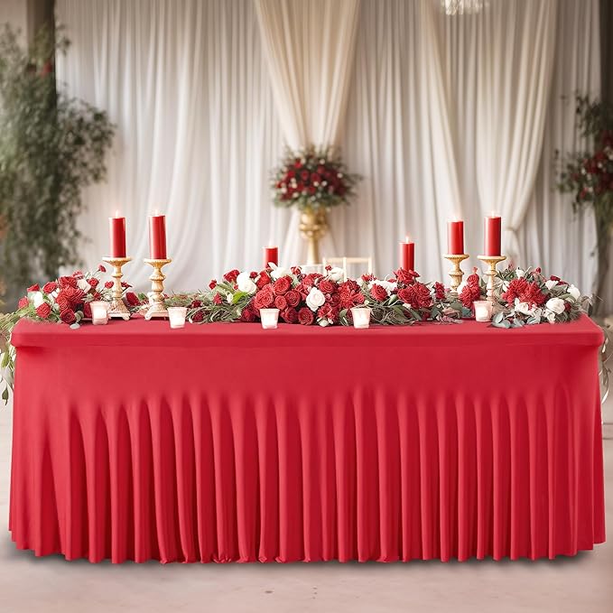 Wish Care 2 Pack Red Spandex Table Clothes for 6 Foot Rectangle Tables, 6FT Wrinkle Free Fitted Tablecloths Ruffles Design Table Cover for Party, Banquet, Wedding and Events