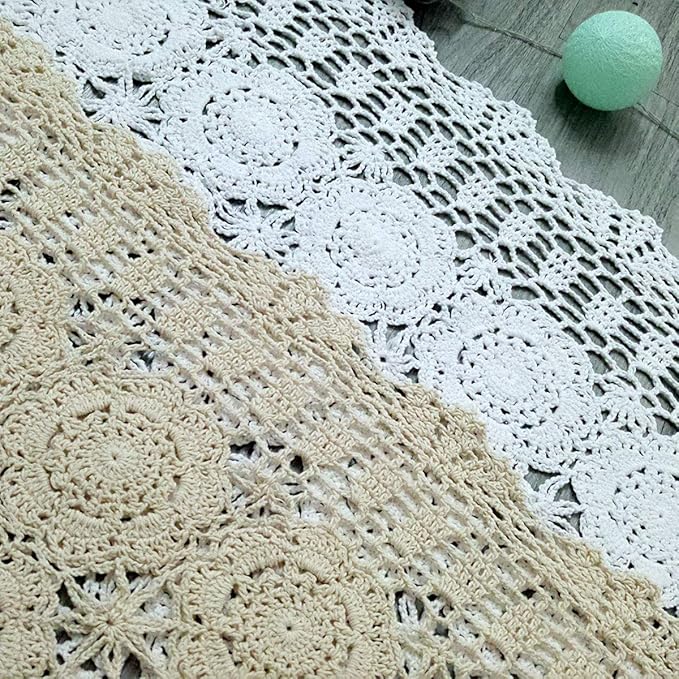 Cotton Handmade Crochet lace Table Runners Rectangular Tablecloth Doilies Doily Table Dresser Scarf Décor,19x23Inch,Beige