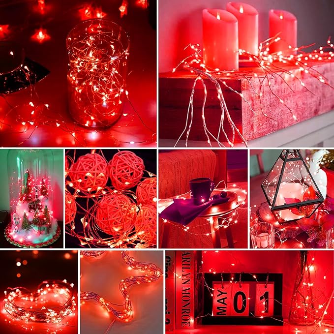pozzolanas 8 Pack Red Battery Operated String Lights - 7ft Waterproof Fairy Lights with 20 LEDs for Home, Mason Jar, Party, Wedding, Halloween, Christmas Decorations