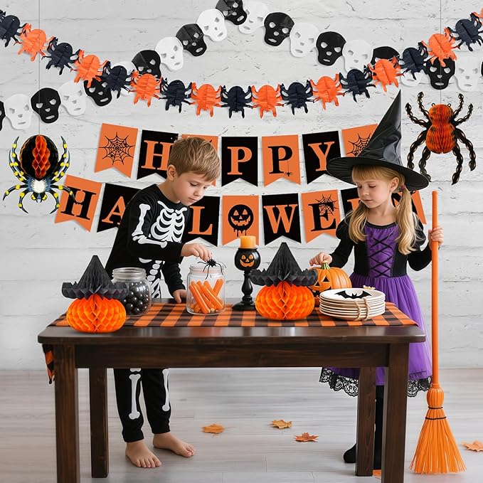 Halloween Office Decorations Indoor Kit - Pumpkin Lanterns, Bats Skull Head Banner, Spider Pumpkin Hanging Happy Halloween Banner For Office Classroom Home 14PCS