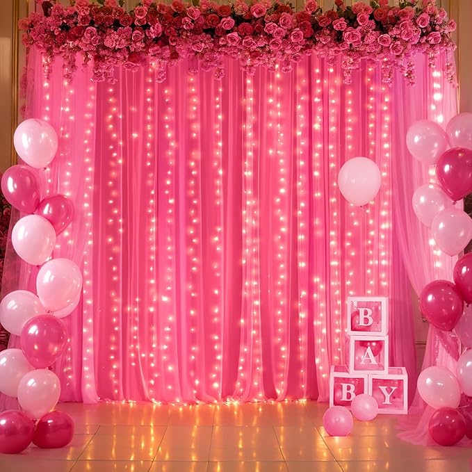 Hot Pink Tulle Backdrop Curtain with Lights for Parties 10x8ft Fuchsia Sheer Backdrop Curtains for Weddings Birthday Baby Shower Photo Shoot Background Decorations