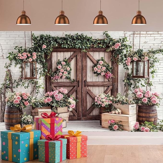5x3ft Country Wedding Photography Backdrop Floral Rustic Roses Farmhouse Wooden Door Backdrop Pink Flower Birthday Baby Shower Wedding Bridal Party Banner Photo Booth Props Anniversary Background