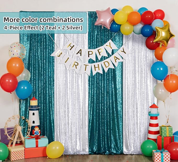Silver Sequin Backdrop 2 Panels Christmas Party Backdrop Curtain,Glitter Photo Background for Wedding Baby Shower