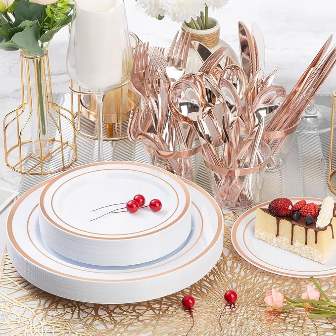 600PCS Rose Gold Plastic Plate Set (100 Guests), Plastic Plates for Party Wedding Birthday, Disposable Dinnerware Set of 200 Plates, 200 Forks, 100 Spoons, 100 Knives for Christmas