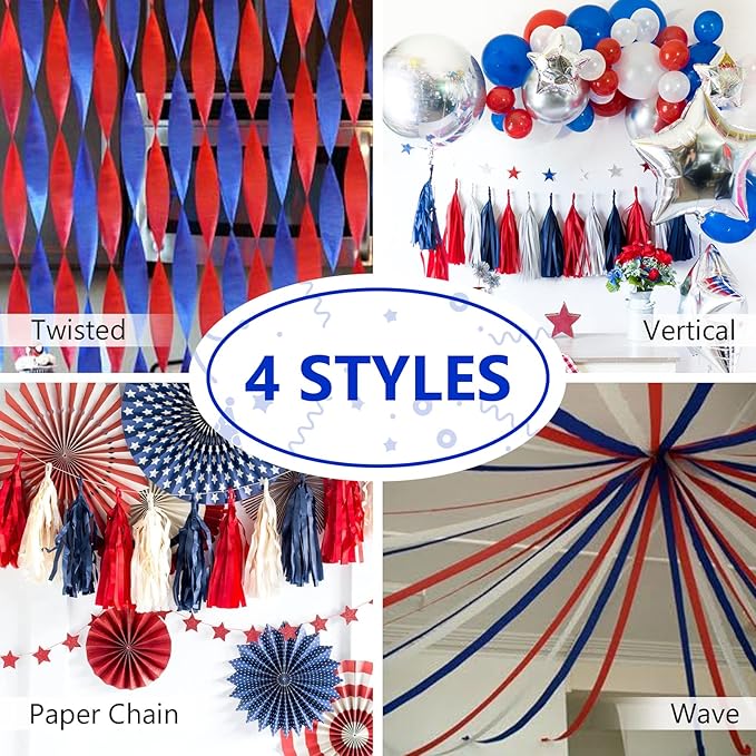 PartyWoo Red and Blue Crepe Paper Streamers 4pcs 328ft Pack of Red and Blue Crepe Paper Streamers for Birthday Engagement Baby Shower Bachelorette Graduation Wedding Independence Party Decorations