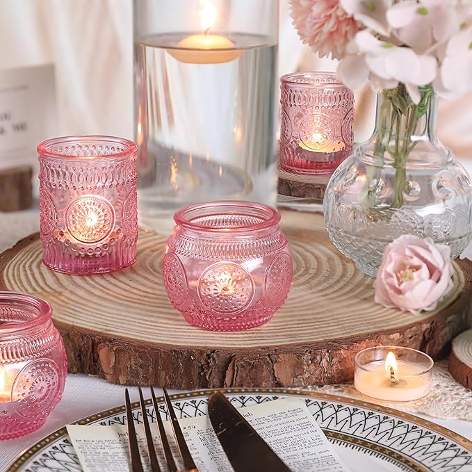 DARJEN 12Pcs Pink Votive Candle Holders - Glass Tea Light Candle Holder for Flameless LED Tea Waxes, Romantic Candle Holder for Wedding Decor, Various Parties & Dinner Table