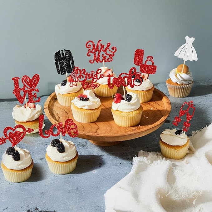 Ephlyn 30Pcs Bride to be Cupcake Toppers Glitter Wedding Cake Topper Decorations I Do Love Heart Ring Cupcake Picks for Bridal Shower Wedding Engagement Party Supplies Red
