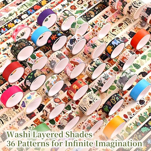 36 Rolls Animal Theme Washi Tape Set, Colorful Cute Adorable Animals Writable Decorative Tapes for Scrapbooking, Bible Journaling, Bullet Journaling, 0.6"x79" per Roll